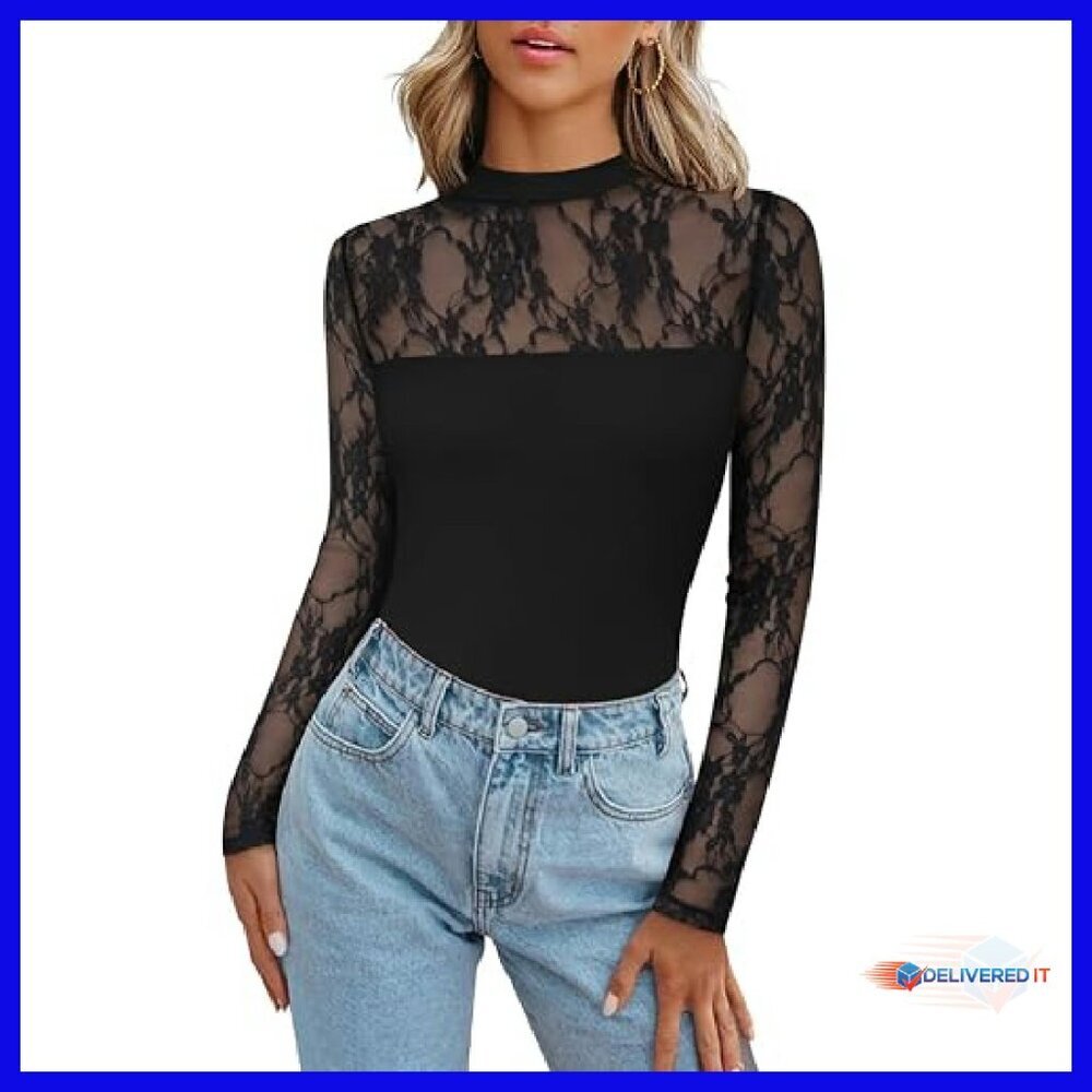Long Sleeve Lace Mesh Blouse Sheer Crew Neck Sexy Going Out Top - Picture 2 of 8